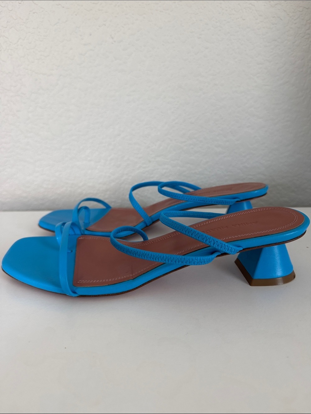 Authentic AMINA MUADDI Naima Strappy Wedge Sandals Blue Leather. Size 37